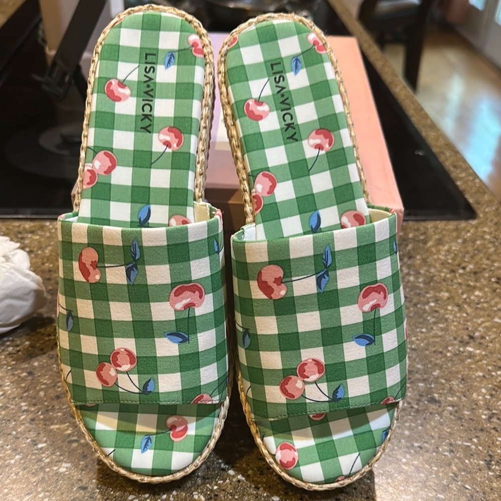 Green Checkered Slide Sandals with Cherry Print
